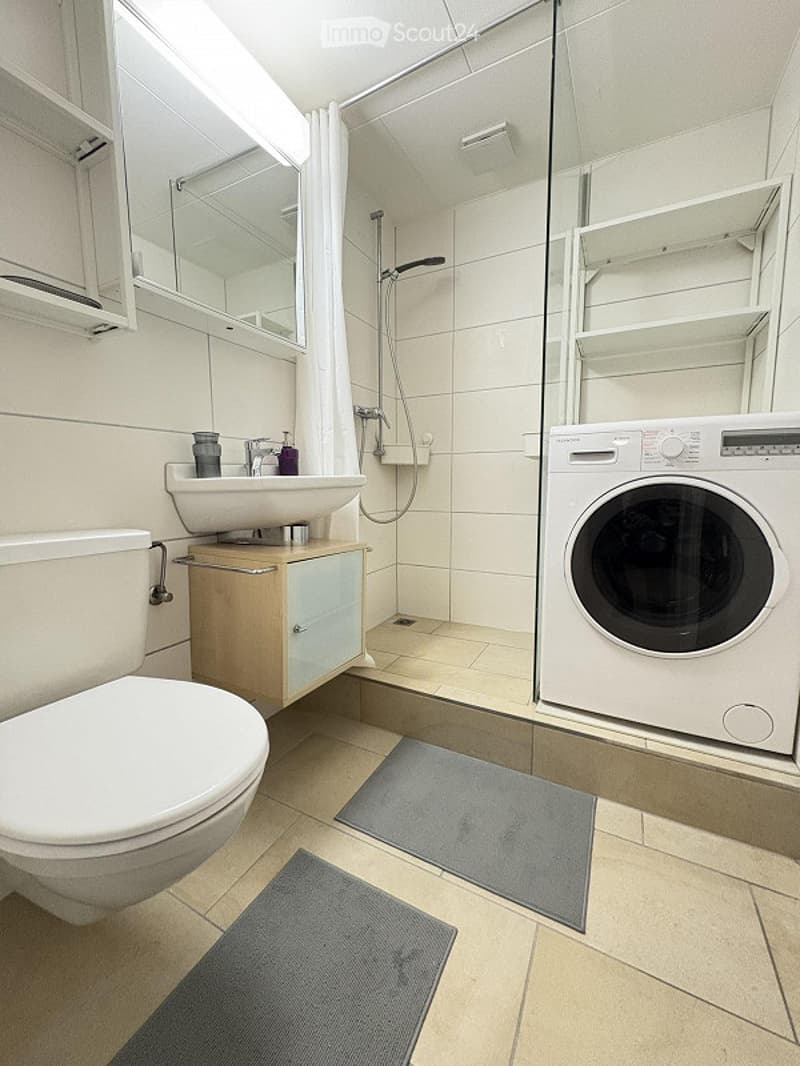 Modern bathroom with a toilet, sink, mirror, shower, and washing machine. The space features light-colored tiles and wooden flooring with two gray rugs.