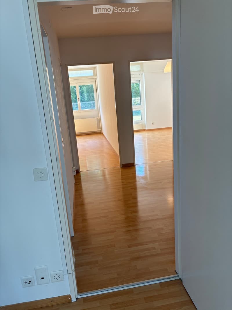 Empty hallway with wooden flooring, white walls, and multiple doors leading to other rooms.