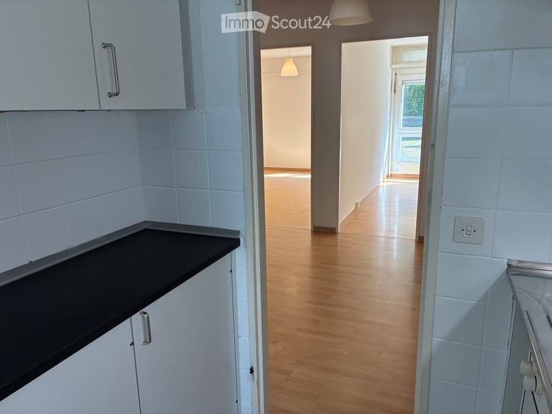 Modern kitchen with white tiled walls, black countertop, white cabinets, and a view into a hallway with wooden flooring.