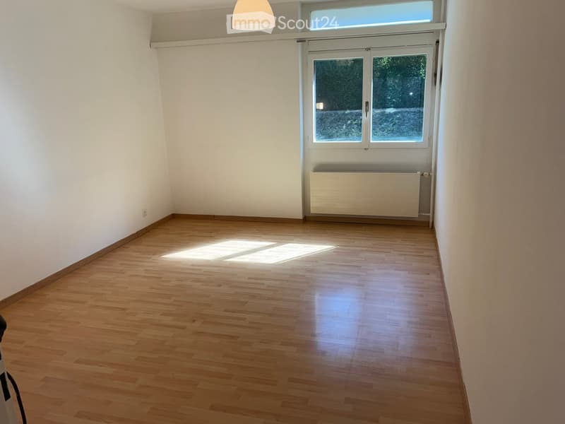 Empty room with wooden flooring, white walls, and a large window with blinds. A radiator is visible below the window.