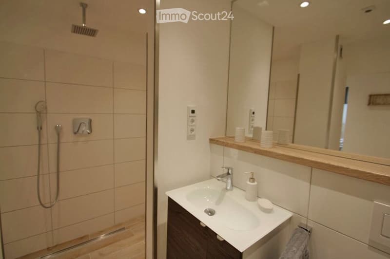 Modern bathroom with a glass-enclosed shower, a white sink with a wooden countertop, a large mirror, and a towel hanging on a rack.