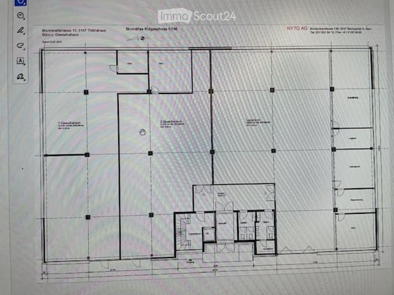 Ground floor plan showing main entrance, living room, kitchen, bedrooms, bathroom, balcony, separate office