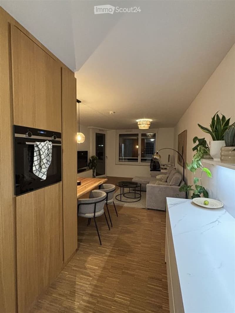 Modern open-plan living and dining area with wooden flooring, grey sofa, coffee table, dining table with chairs, built-in oven, pendant lights, and decorative plants.