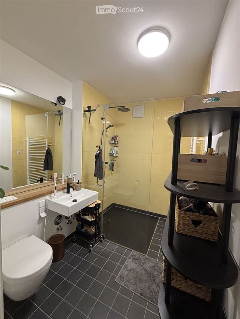 Modern bathroom with dark tiled floor, white sink, toilet, large mirror, and a glass-enclosed shower area with multiple showerheads. A black shelving unit holds various items, and towels are neatly arranged.