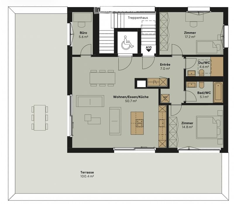 Floor plan of a 50.7 m² living/dining/kitchen area, 5.6 m² office, 7.0 m² entrance, 17.2 m² room, 14.8 m² room, 5.1 m² bathroom/WC, 4.6 m² shower/WC, and a 100.4 m² terrace.