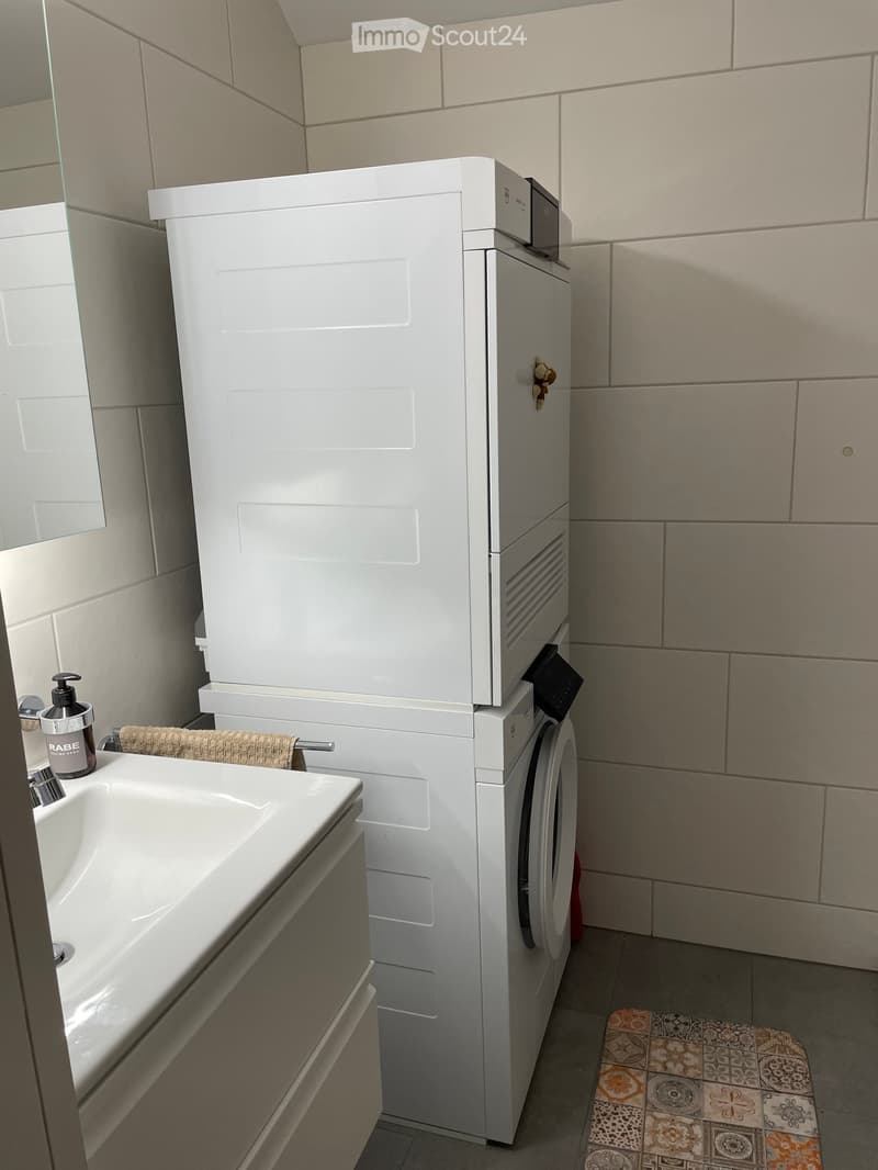 Bathroom with a white sink, washing machine, and dishwasher stacked together, along with a soap dispenser and a towel on the counter.