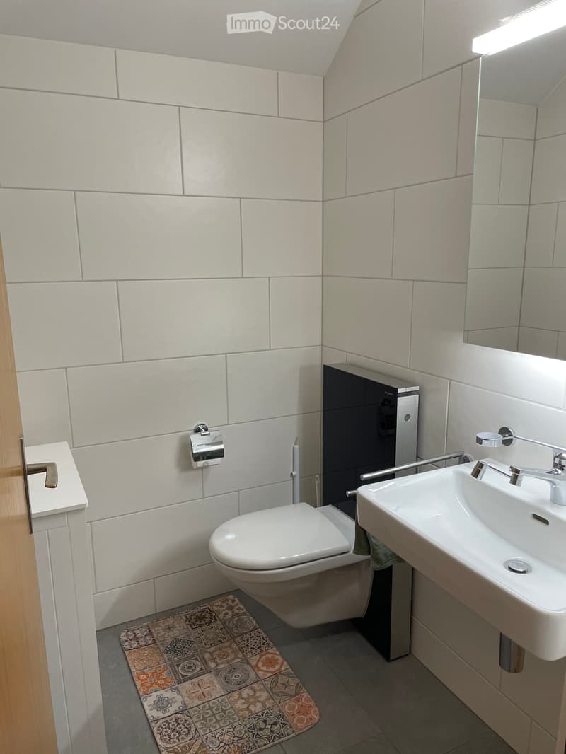 Modern bathroom with white tiles, a toilet, a sink with a modern faucet, a mirror, and a decorative rug on the floor.