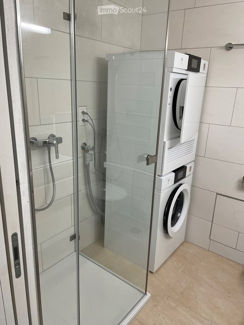 Modern bathroom with a glass-enclosed shower and stacked washing machine and dryer unit.