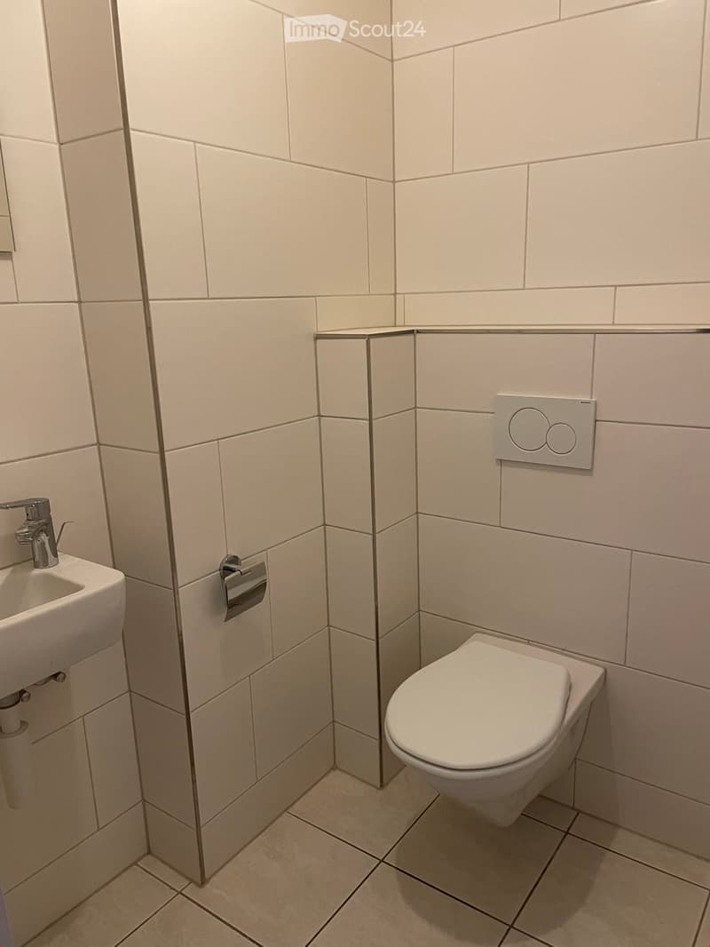 Modern bathroom with white tiled walls and floor, featuring a toilet, sink, and faucet.