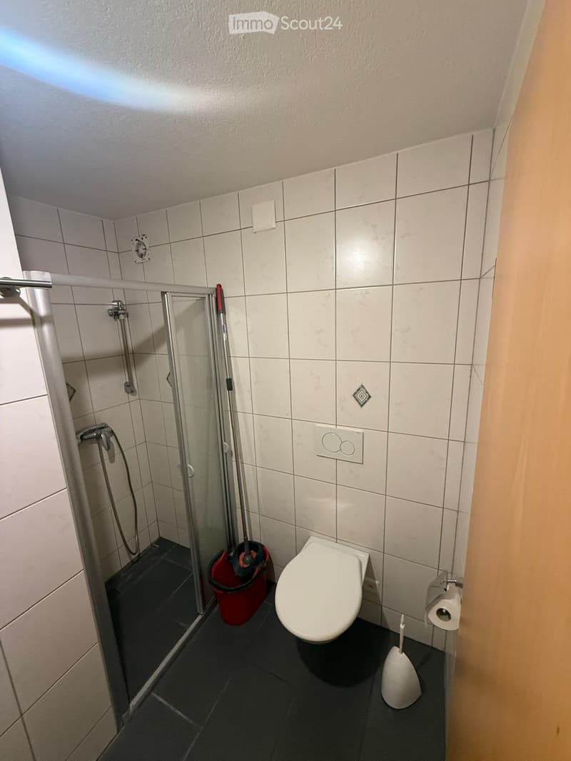 Modern bathroom with white tiled walls, black floor, glass-enclosed shower, toilet, toilet paper holder, mop, and toilet brush.