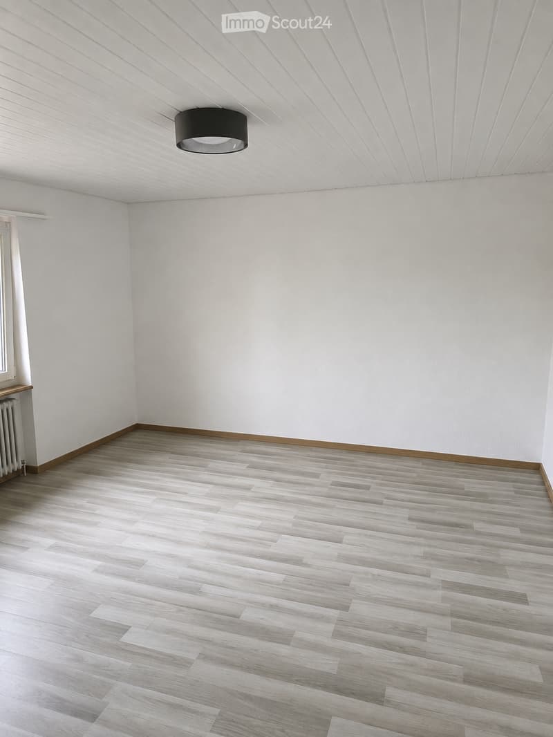 Empty room with white walls, light wooden flooring, and a single black pendant light fixture on the ceiling.