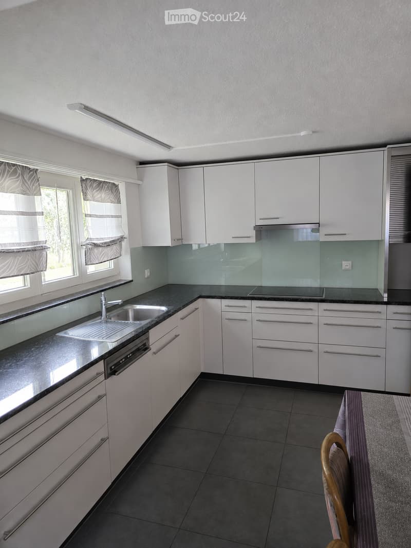 Modern kitchen with white cabinets, black countertops, stainless steel sink, and dishwasher. Features large windows with patterned blinds and a sleek design.