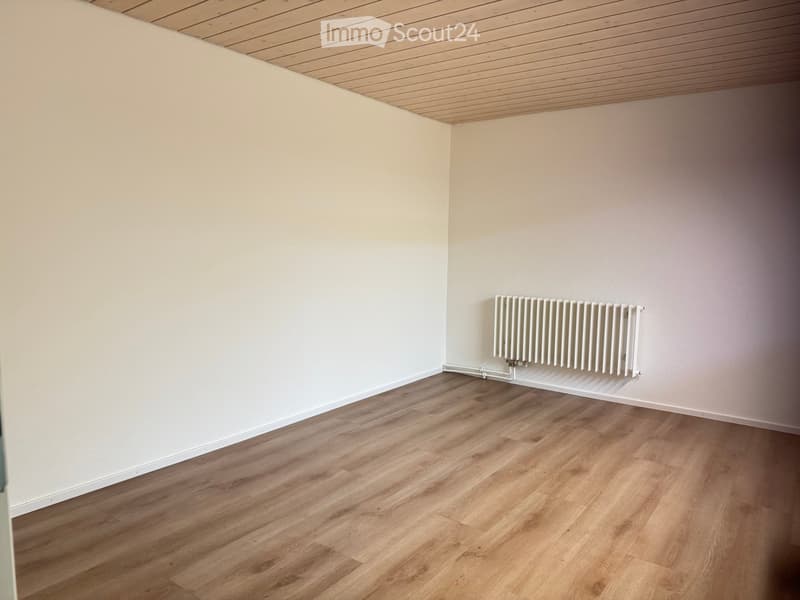 Empty room with light wooden flooring, white walls, and a white radiator on one wall.