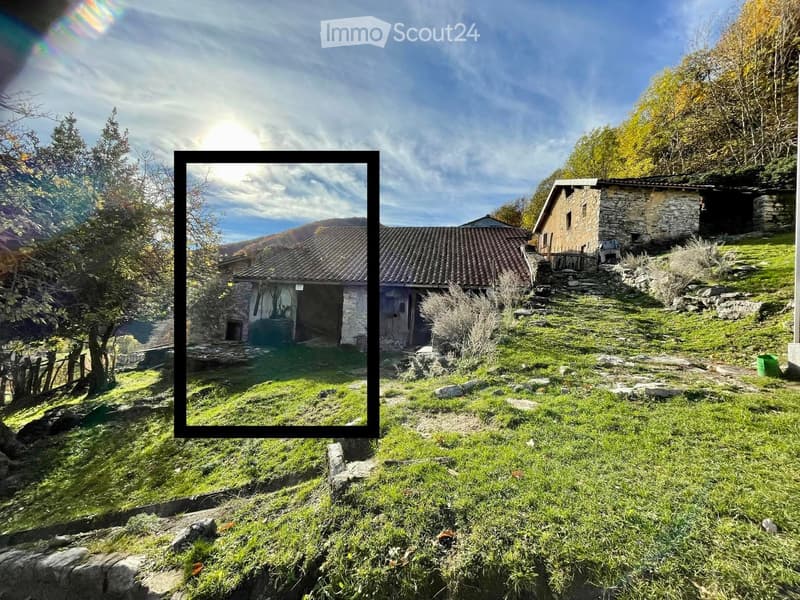 A rustic outdoor area with two stone houses, grassy terrain, trees, and a clear sky with sunlight.