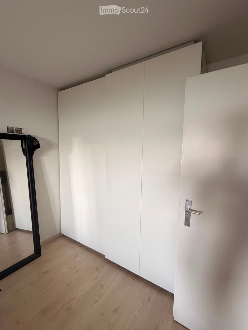 Empty room with light wooden flooring, white walls, and a white cabinet. No furniture or equipment is present.