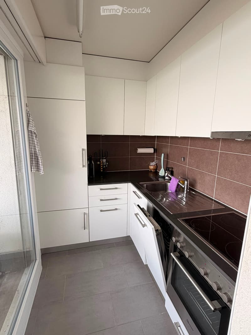 Modern kitchen with white cabinets, stainless steel appliances, and a black countertop.