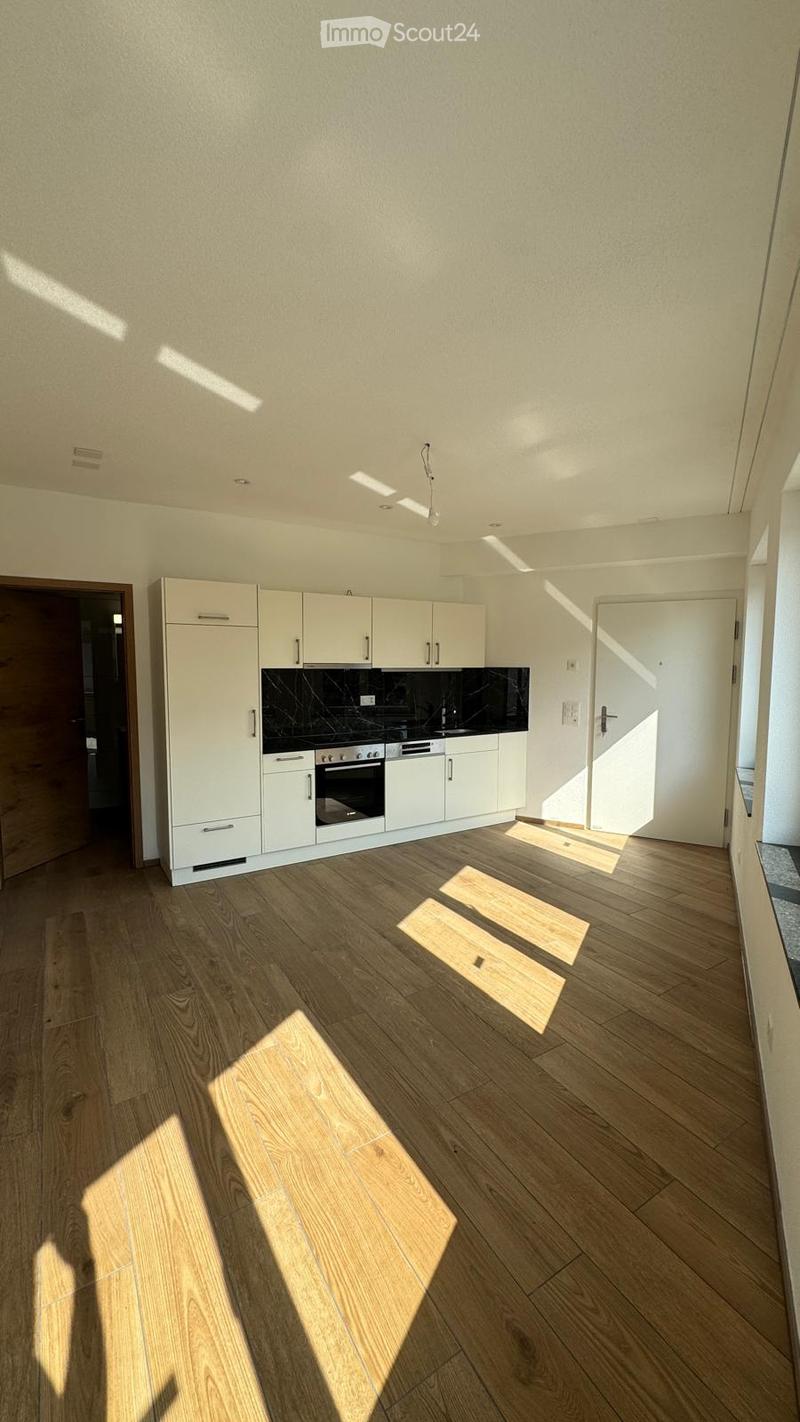 Modern kitchen with white cabinets, a built-in oven, and light wooden flooring. Sunlight streams in, casting shadows on the floor.