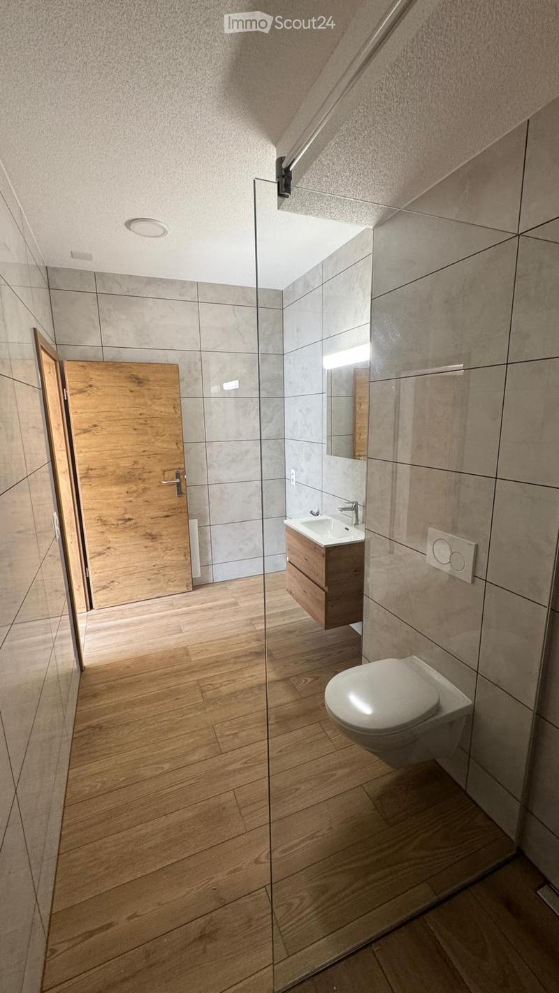 Modern bathroom with wooden flooring, a toilet, a sink with a wooden cabinet, and a large mirror above the sink. The shower area is enclosed with a glass partition.