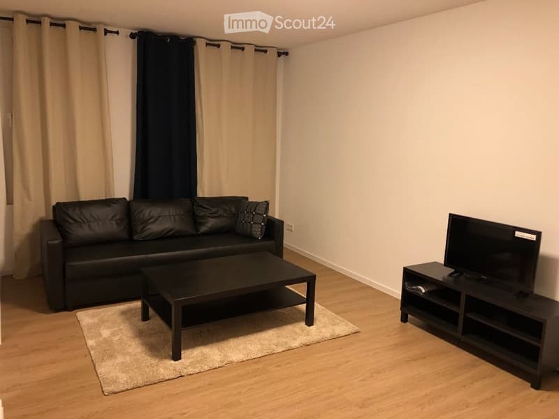 A modern living room with a black leather sofa, a black coffee table, a TV on a stand, and a light-colored rug on a wooden floor.