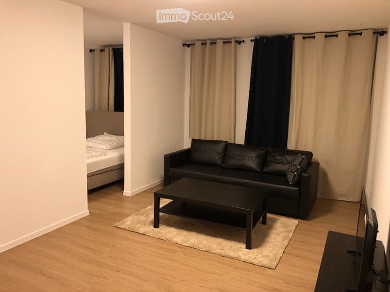 A modern, open-concept living and sleeping area with a black sofa, coffee table, television, and a bed with white bedding.