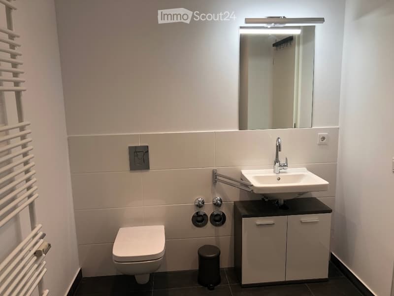 Modern bathroom with a toilet, sink, mirror, and cabinet. Features a radiator on the left wall and a sleek, contemporary design.