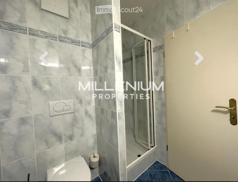 Modern bathroom with marble tiles, a toilet, a glass-enclosed shower, and a toilet paper holder.