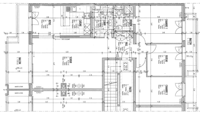 Floor plan of a multi-room apartment with labeled rooms including living room, kitchen, bedrooms, bathrooms, and balconies.