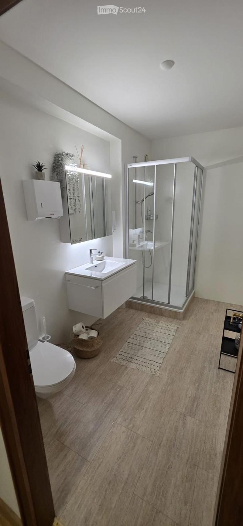 Modern bathroom with wooden flooring, white toilet, sink with mirror, glass-enclosed shower, and decorative elements including a small plant and a woven basket with toilet paper.