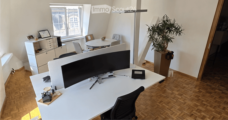 Modern office space with a large desk, multiple chairs, a large screen, a round table, and a potted plant near a large window offering a city view.