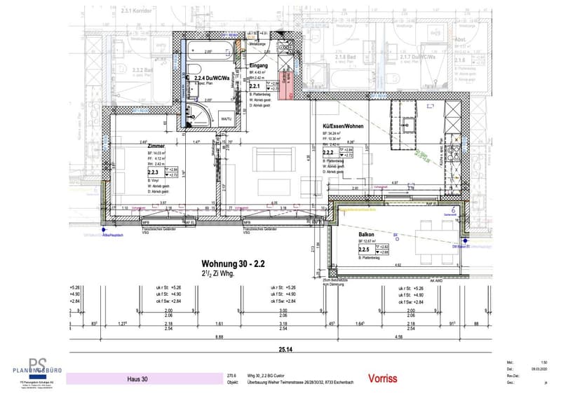Floor plan of a 2.5-room apartment, including living room, kitchen, 2 bedrooms, 2 bathrooms, and a balcony.