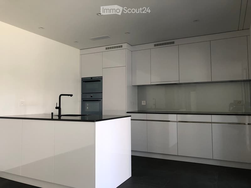 Modern kitchen with white cabinets, black countertops, and stainless steel appliances including a double oven and a sink with a modern faucet.
