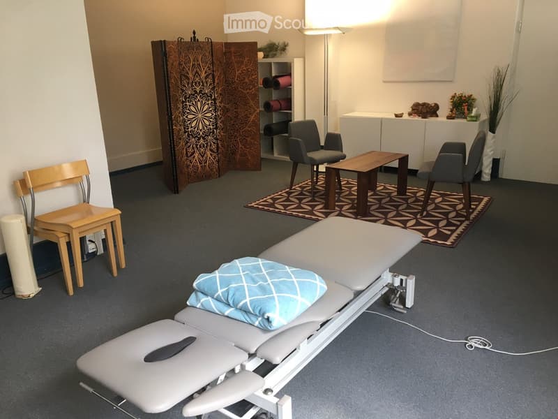 Medical examination room: massage table, desk, chairs, table with flowers, cabinet with books, floor lamp, rug