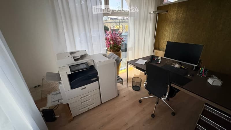 A well-lit office space with a large window, a desk with a computer setup, a printer, and a chair. The room features wooden flooring and a potted plant near the window.