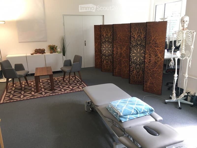 Office with beige walls, white cabinet, desk, office chair, coffee table, oriental rug, massage table, wooden stand for skeleton model.