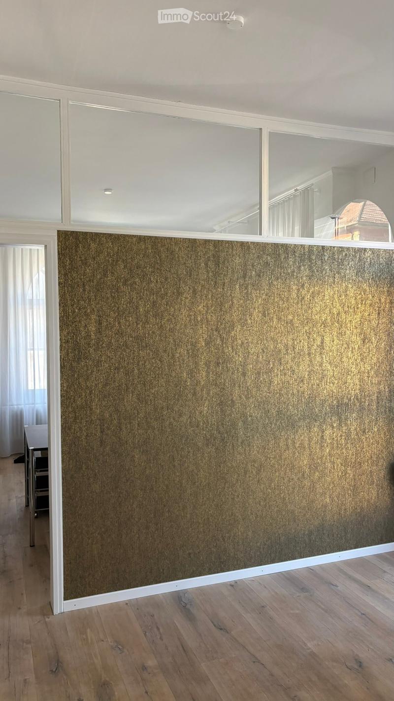 A hallway with wooden flooring, white walls, and a large mirror with a textured gold panel below it. The hallway has a modern design with recessed lighting and white trim around the mirror and walls.