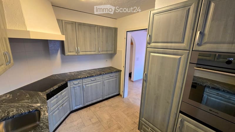 Modern kitchen with grey cabinets, stainless steel appliances, granite countertop, and a range hood.
