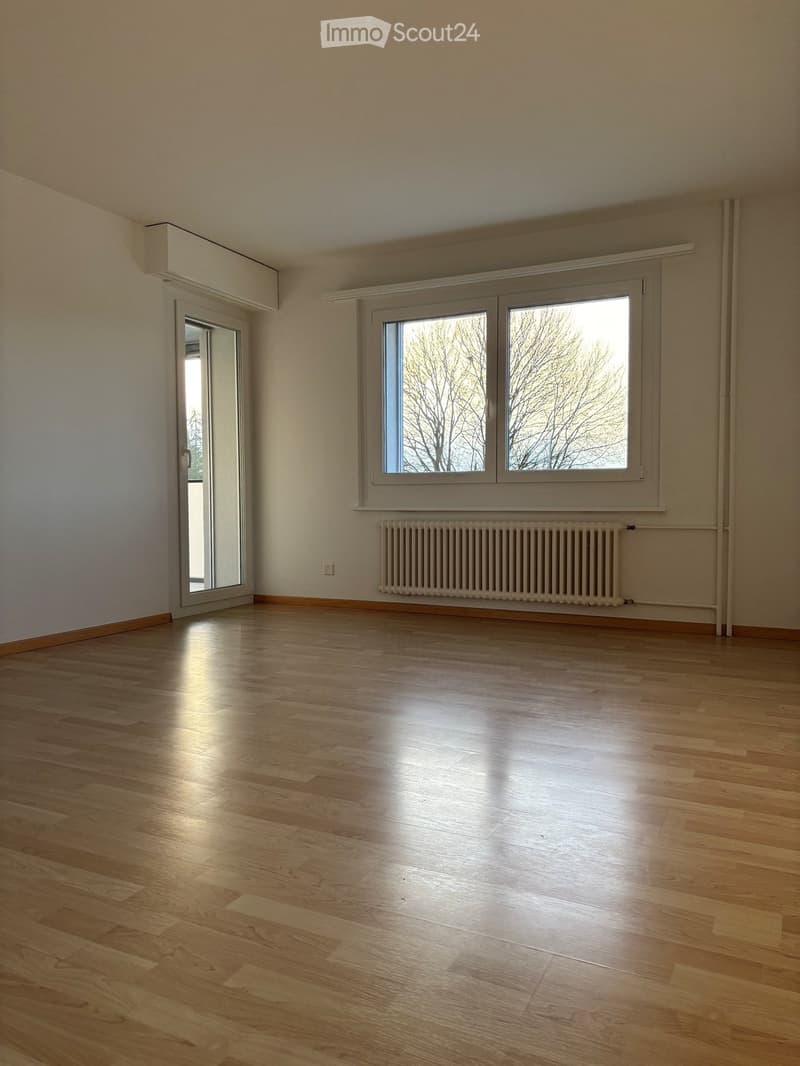 Empty room with light wooden flooring, large windows, and a radiator. No furniture or equipment present.