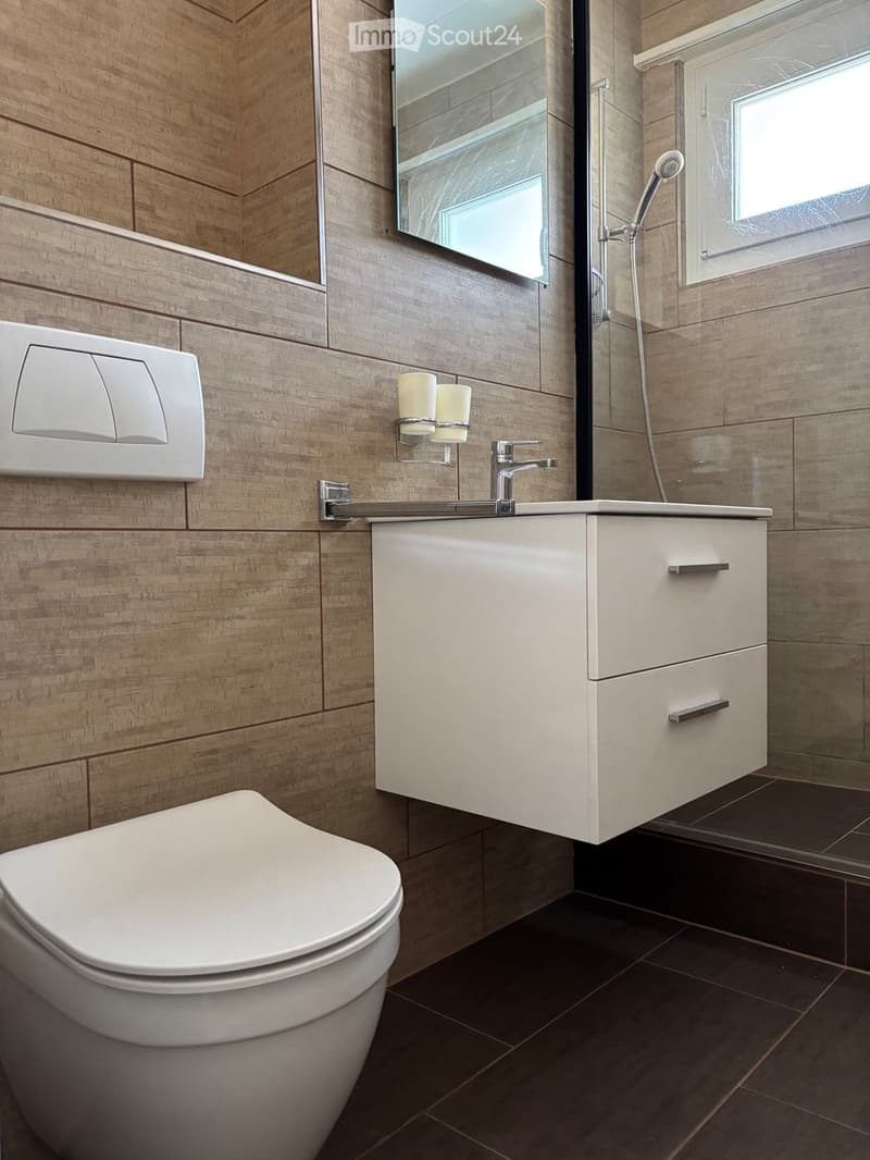 Modern bathroom with a white toilet, sink with a chrome faucet, a large mirror, and a showerhead visible in the background. The walls are covered in wood-textured tiles, and the floor is dark tiled.