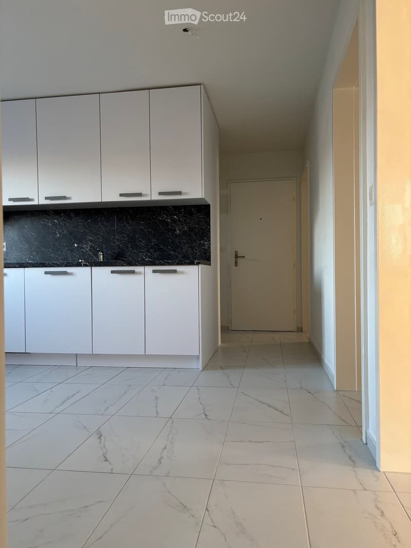 Empty hallway with marble flooring, white walls, and a closed door at the end. A small kitchen area is visible on the left with white cabinets and a black countertop.