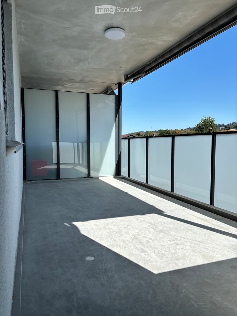 Modern balcony with concrete floor, glass railings, and a clear blue sky view.
