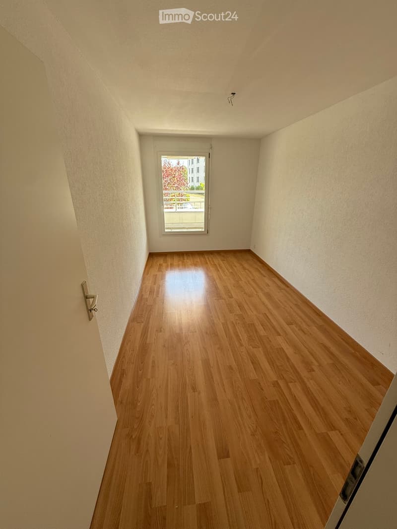 Empty hallway with wooden flooring, white walls, and a window at the end showing a view of the outside.