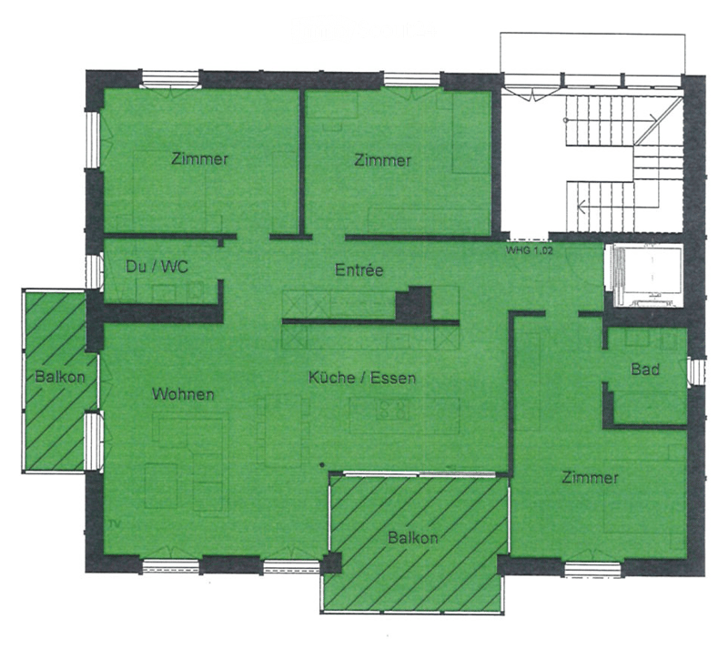 Floor plan showing a layout with living area, kitchen, two bedrooms, bathroom, and two balconies.