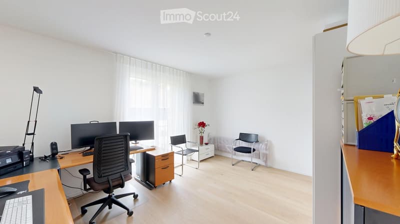 Bright, modern office space with wooden flooring, large windows with white curtains, and multiple desks equipped with monitors, keyboards, and chairs. A printer and speaker are visible on one desk, and a small flower vase sits on a side table.