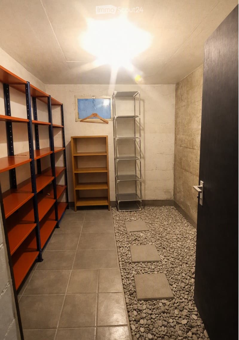 The room features tiled flooring, white walls, and several shelves including wooden and metal ones. A small section of the floor is covered with pebbles and includes a few square mats.