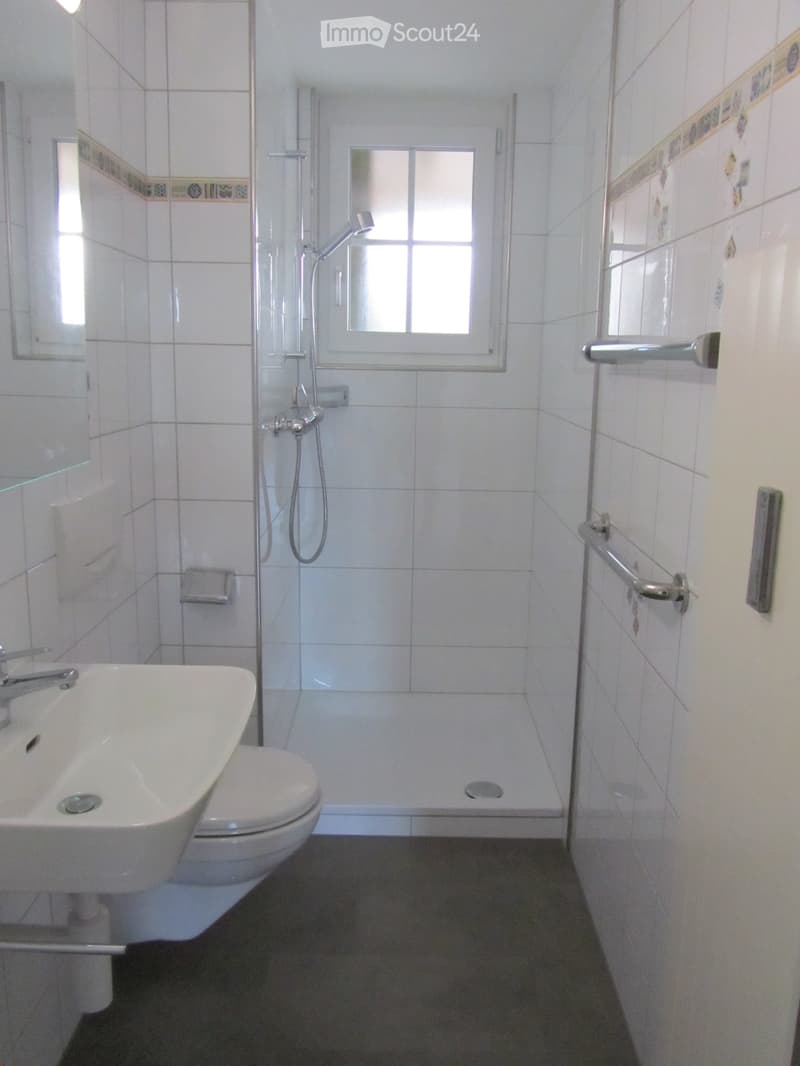 Bathroom with white tiles, a toilet, a sink, and a shower area with a shower head and handle.