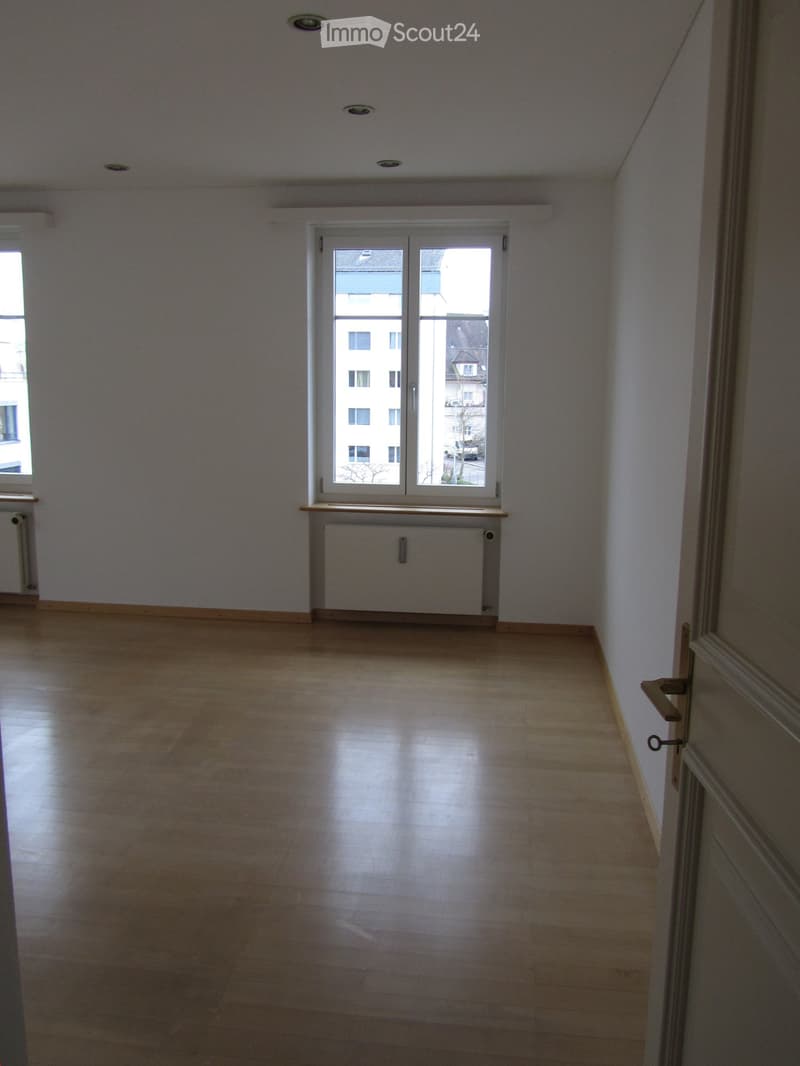 Empty room with white walls, wooden floor, and two windows. There is a radiator below one of the windows.