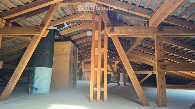 An empty attic space with exposed wooden beams and rafters, concrete floor, and minimal lighting.