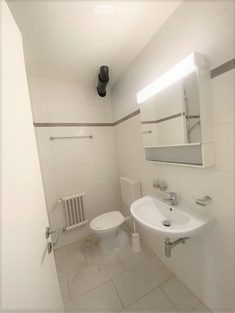 Modern bathroom with white tiles, a toilet, a sink with a mirror, and a radiator.