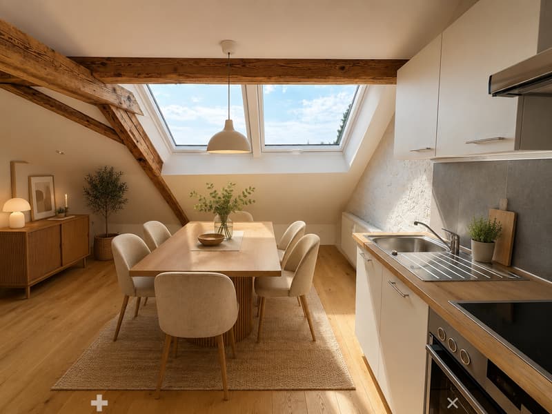 Bright, modern kitchen and dining area with wooden floors, exposed wooden beams, large skylights, a central dining table with chairs, a sink, oven, and pendant lighting.