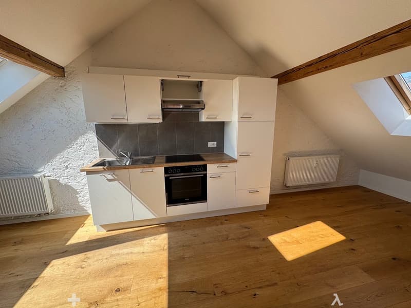 Modern kitchen with white cabinets, wooden flooring, stainless steel sink, oven, and exposed wooden beams. Natural light from skylights illuminates the space.